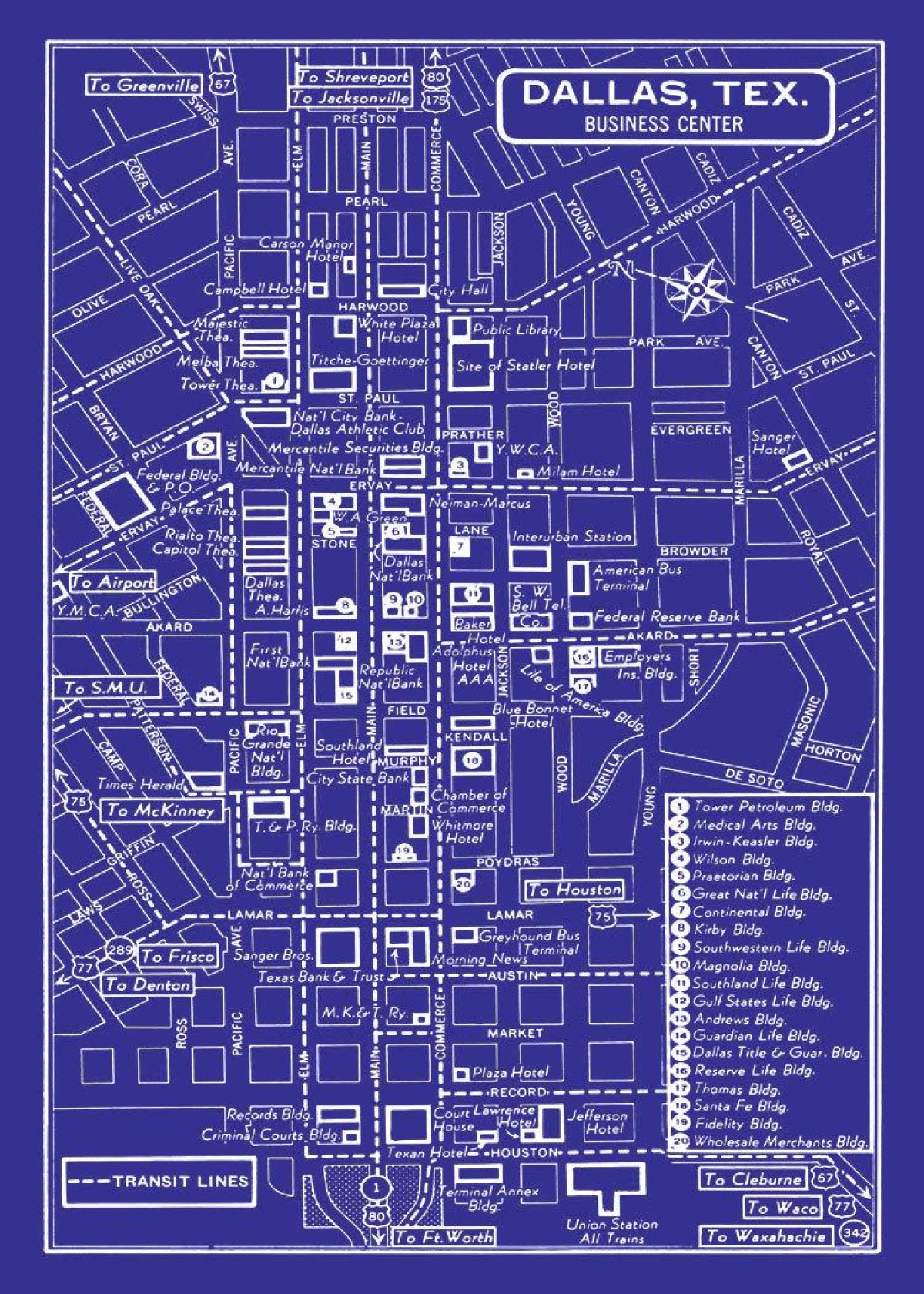 kaart van die sentrum van Dallas