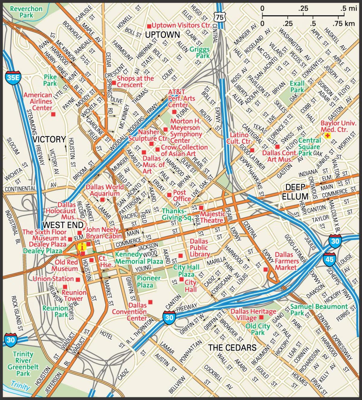 kaart van die sentrum Dallas strate
